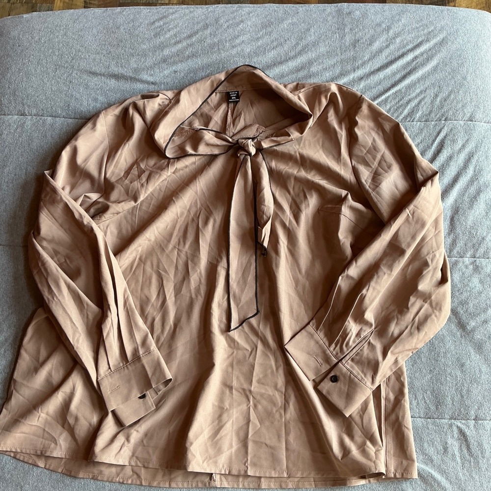 SHEIN Curve Beige Tie Neck Long Sleeve‎ Shirt Top Plus Size 2XL